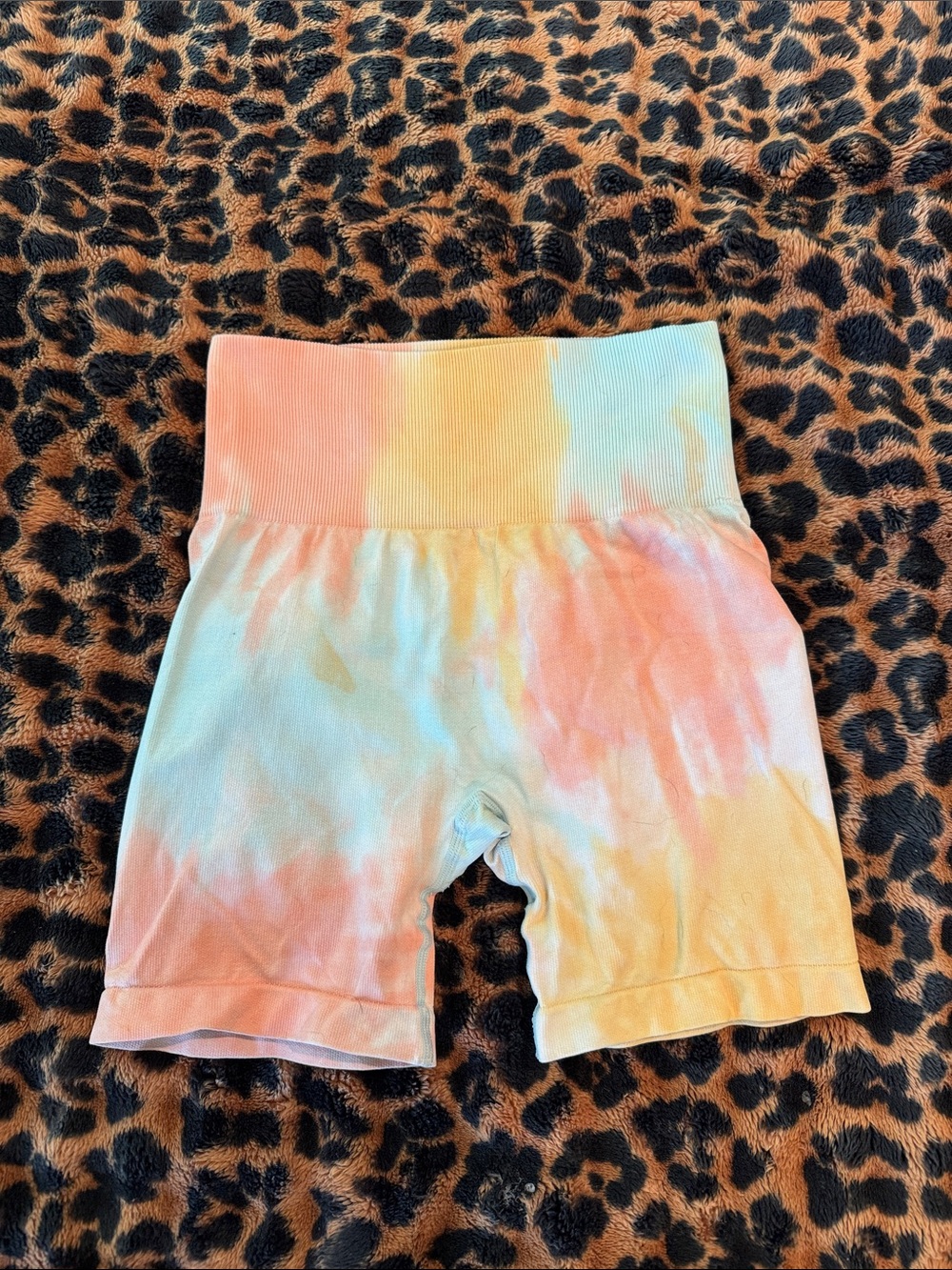 Tie-Dye High-Waist Girls Athletic Bike Shorts - Peach, Yellow & Light Blue